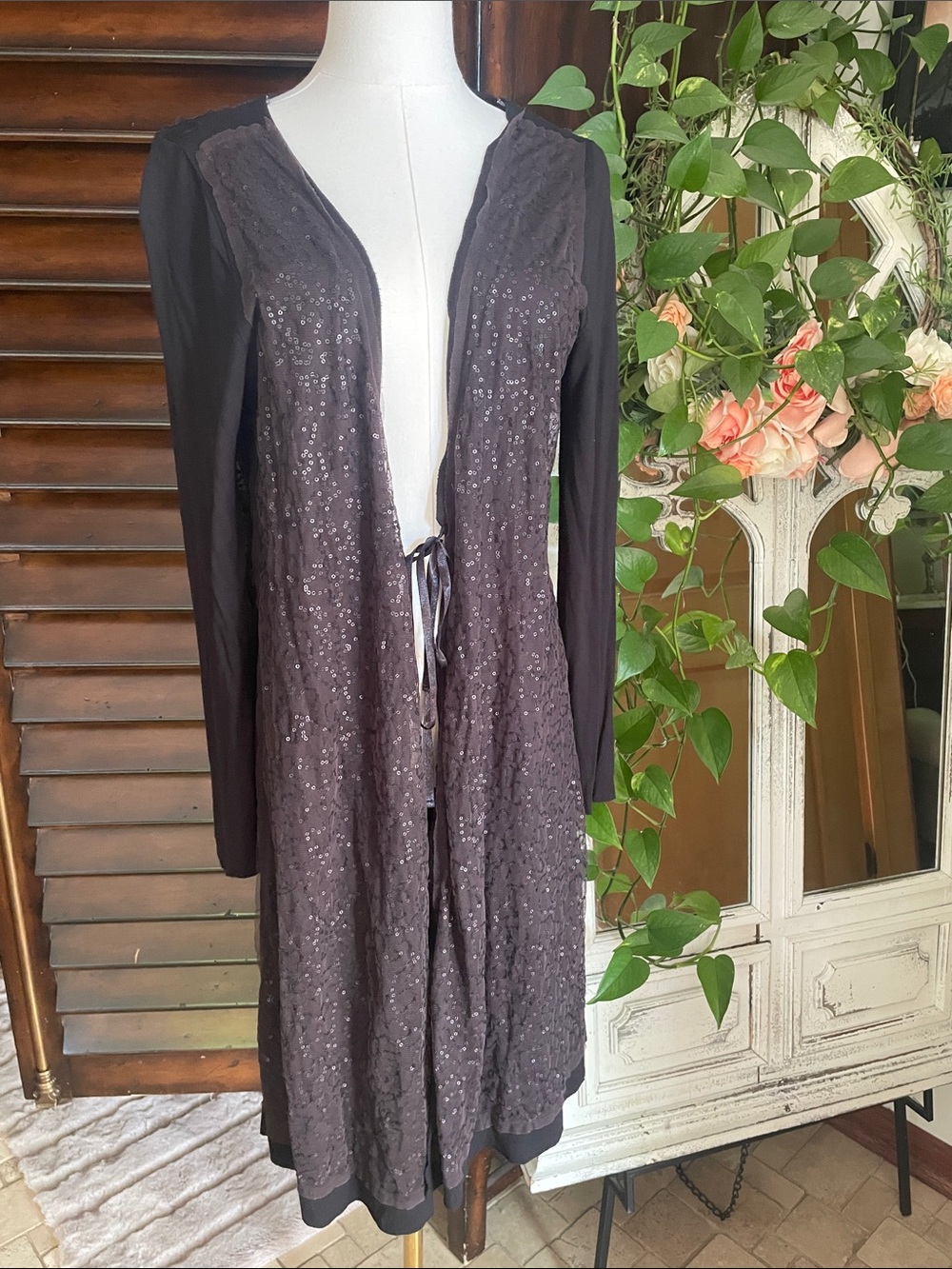 Chan Luu Made in India Sequin Mixed Media Duster Deep Purple Brown Large